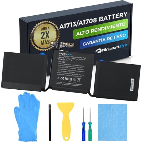 NinjaBatt Batería A1713 A1708 para MacBook Pro 13   A1708 (Finales de 2016, Mediados de 2017) A2159 (2019) A2289 (Mediados de 2020) A2338 (M1 Finales de 2020)   Duradero [5000mAh/58.19Wh/11.41V]