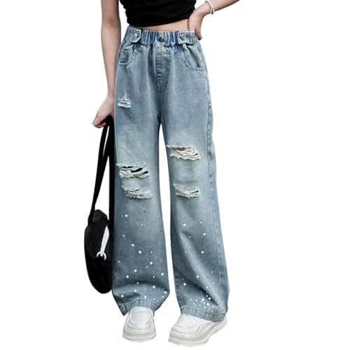 Baggy Jeans for Girls Rhinestone Ripped Wide Leg Pants Adjustable Waist Pockets Cute Jeans for Girls Teen Denim Pants