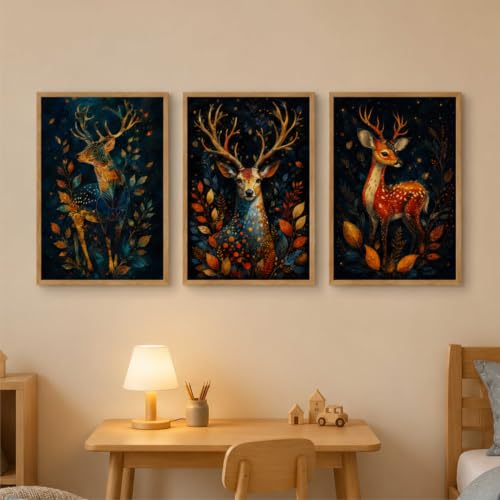 Image of Livin'luxe Set of 3 Deer Forest Wall Paintings for Living Room Bedroom Hallway Home Decor with Premium Wooden Color Synthetic Frame (13.5 x 19.5 Inch) NM03-76