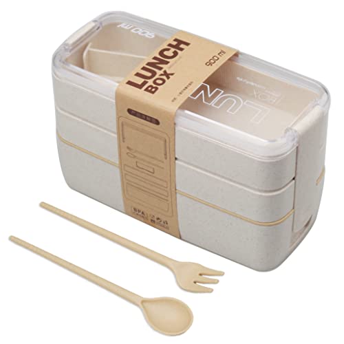 Bento Lunch Box Stackable Japanese Lunch Box 3-in-1 Compartment Containers Leakproof Meal Prep Container Microwave Safe for Kids Adults（Beige）