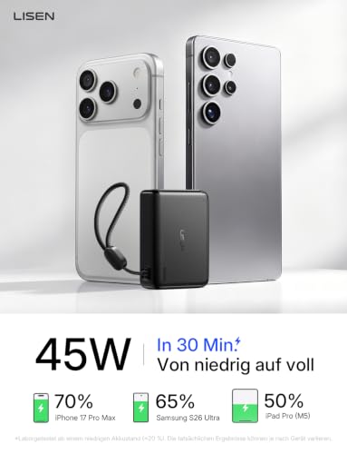 LISEN Mini Powerbank 10000 mAh Fast Charging 45W mit USB-C Kabel – Ansicht 4