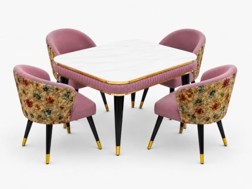 Image of WOODEN SPACE Majestic 4 Seater Wooden Dining Table Set | Urban Marble Top Dining Table with Chairs for Dining Room & Kitchen (Modern Classic Printed Pink) (54 x 36 x 30 inch)