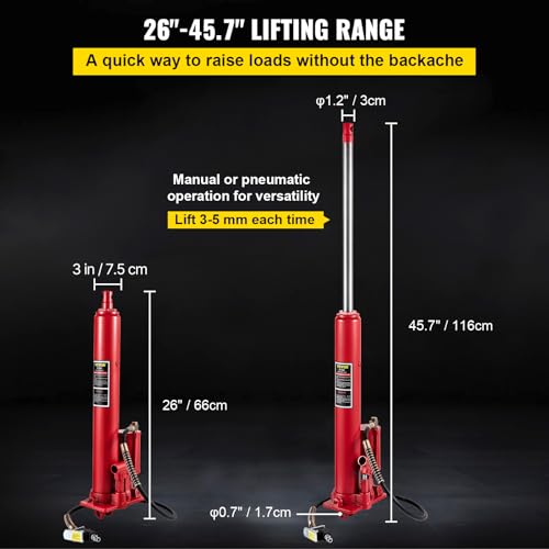 Image of VEVOR Hydraulic /Pneumatic Long Ram Jack, 8 Tons /17363 lbs Capacity, with Single Piston Pump and Clevis Base, Manual Cherry Picker w /Handle, for Garage /Shop Cranes, Engine Lift Hoist, Red