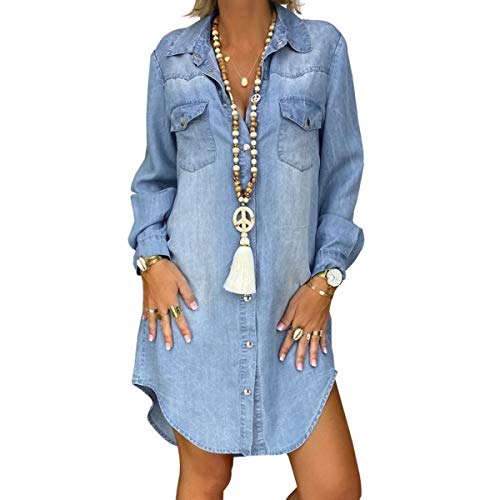 Women Long Sleeve Blouse Dress Denim Jeans Shirt Dresses Button Down Tops with Pockets (Blue, XXXX-Large)