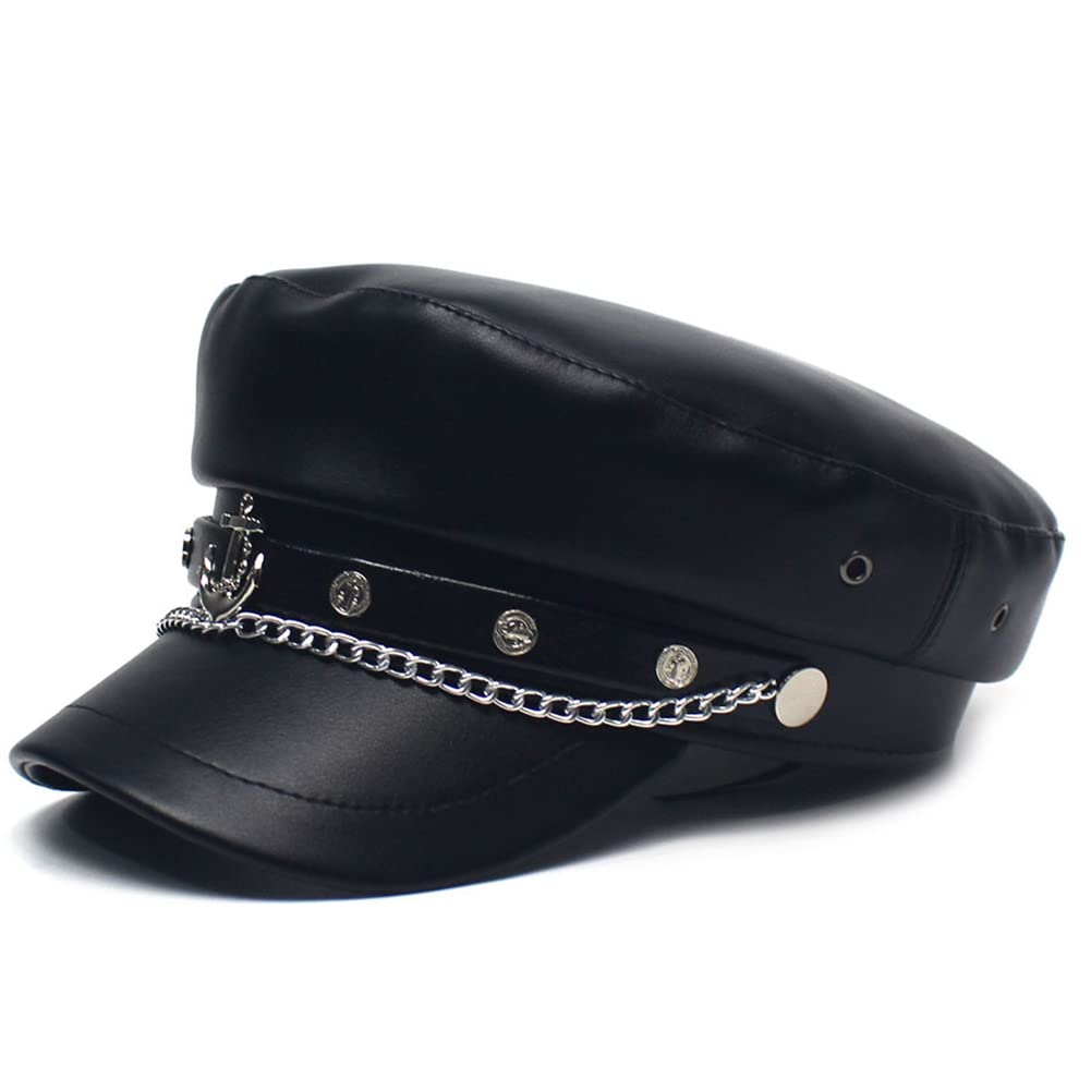 Vintage Women's PU Leather Fiddler Cap Newsboy Hat with Rhinestone Chain Red Visor Beret Baker Boy Hats (Fashion Black)