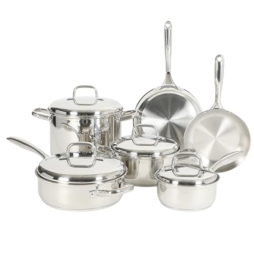 Oster Platinum Sedwick Stackable Stainless Steel Pots and Pans Cookware Set W/Domed Stainless Steel Lids W/TriPly Encapsulated Base - Induction Safe