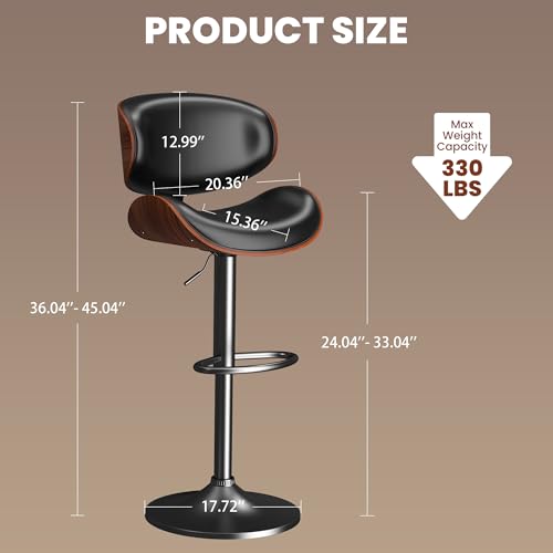 Image of YaFiti Bar Stools Set of 3, Barstools for Kitchen Island with Bentwood Back and Leather Seat, Swivel Stools for Kitchen Counter, Bar, Pub, Black