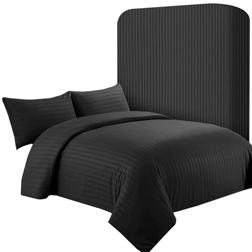 AR Ware Double Satin Stripe Duvet Cover Set 4 Pcs Black Soft Hotel-Style Bedding Set with 2 Pillowcases and 1 Fitted Sheet
