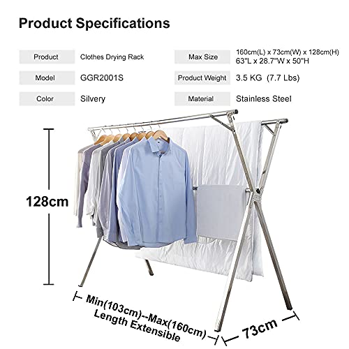 GISSAR Clothes Airers,Foldable Clothes Drying Rack,Stainless Steel Laundry Drying Rack For Indoor Outdoor Home Use,Easy Storage Clothes Garment Rack,1.6Meter