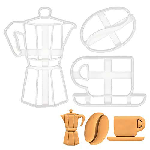 BAKERLOGY Set of 3 Coffee Cup, Coffee Bean, and Moka Pot Cookie Cutters - Detailed Biscuit Cutter Design for Baking and Crafts, Ideal on Fondant, Dough, Clay