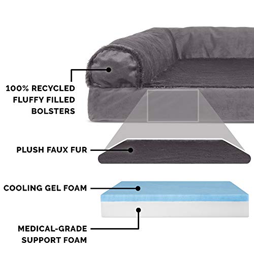 Image of Furhaven Cooling Gel Dog Bed for Medium /Small Dogs w / Removable Bolsters & Washable Cover, For Dogs Up to 35 lbs - Plush & Velvet L Shaped Chaise - Platinum Gray, Medium