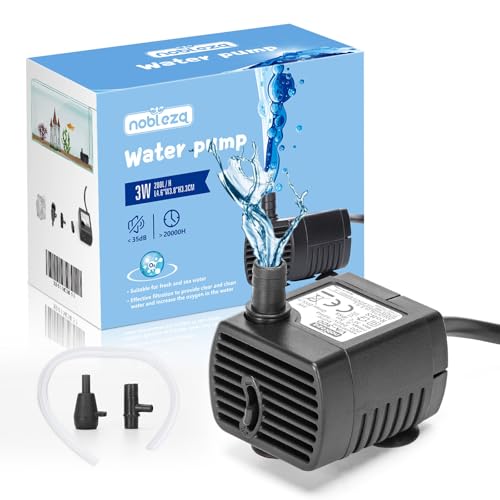 Nobleza - Mini Bomba de Agua (200L/H - 3W) Ultra Silenciosa Con Alta Carrera Para Acuarios, Fuentes y Estatuas - Cable de Alimentación de 0.6m y 2 Boquillas