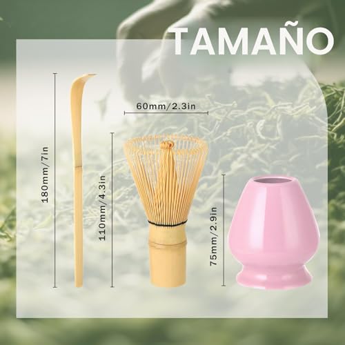 Miniatura 2 de Kievano Kit Matcha Rosa Set Matcha De 3 Piezas Con Batidor De Bambú 80 Varillas, Cuchara De Bambú Y Soporte De Cerámica, Te Matcha Kit Japonés, Caja De Regalo Para Ceremonia Del Té