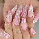 24pcs Pink Flower Almond Shape False Nails Pink French Press on Nails Medium Glossy Reusable Acrylic Nails Summer 3D Butterfly Stick On Nails for Women