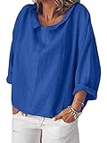 orandesigne camicetta donna elegante blusa top a manica 3/4 colletto girocollo tinta unita camicie colletto risvoltato camicia in lino di cotone a blu xxl