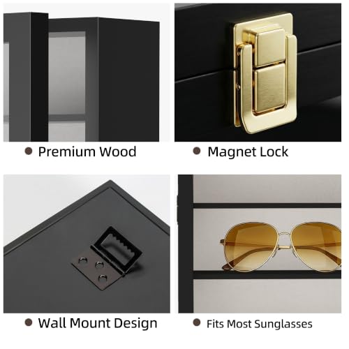 Image of TJ.MOREE Sunglasses Organizer Storage Wall Mounted: 13 x 15.6 inches Eyewear Display Case 6 Tier Rustic Wood Eyeglasses Holder Large Glasses Storage Box,Black