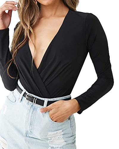LINMON Women's Long Sleeve Bodysuit Surplice Ruched...