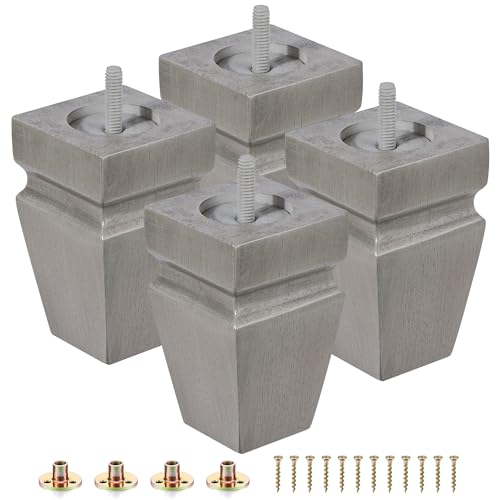 Square Wood Furniture Legs Set of 4 - Wooden Replacement Feet for Couch, Bed, Bench, Dresser, Rubber Wood Parts for Table, Sofa, Wooden Legs Chairs Complete with Installation Hardware (4 inch Grey) by Texphw - Used condition - CA$23.67
