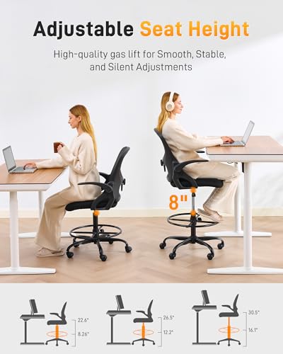 Image of LukkDys Drafting Chair with 4D Multi-Adjustable Backrest, Tall Office Chair 19.7 inch-27.6 inch Seat Height, Ergonomic Standing Desk Chair with Flip-up Arms, Foot Ring, Black