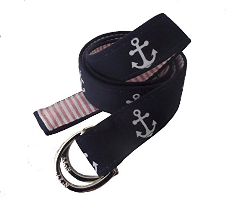 No27 Womens Anchor And Seersucker Nautical D-Ring Fabric Belt Small Navy And White Anchors With Red Seersucker #TOP4