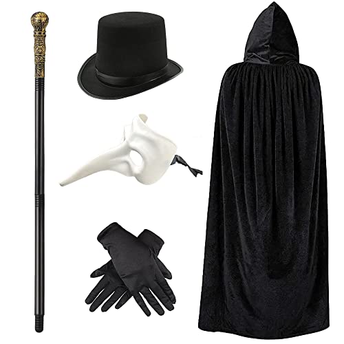 Disfraz Medieval Hombre, Traje para Cosplay de Halloween, Capas para Fiestas 140cm, Guantes Negros, Sombreros Chistera, Máscara de Médico de la Peste y Bastón de Rey (Blanco)