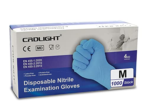 CRDLIGHT Nitrilhandschuhe 1000 Stück Blau EN 455 Puder frei Einweghandschuhe Nitril Handschuhe Einmalhandschuhe 10 Karton a 100 Stück GröÃe M Untersuchungshandschuhe