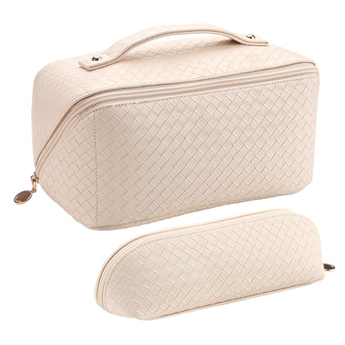 Abiudeng 2 piece Travel Makeup Bag,Large Capacity Cosmetic Bags for Women,Toiletry Bag for Travel Essentials,Waterproof Portable Pouch Open Flat Makeup bag Organizer with Divider and Handle(White)