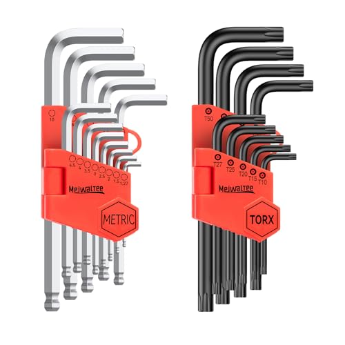 Meiwaltee 22 Piezas Juego de Llaves Hexagonales, Métricas Llaves Hex con Extremo en Forma de Bola 1,27 a 10 MM, T10-T50 Llaves Hexagonales Torx Compacto Para Autos y Bicicletas Bricolaje-Acero Cr-V