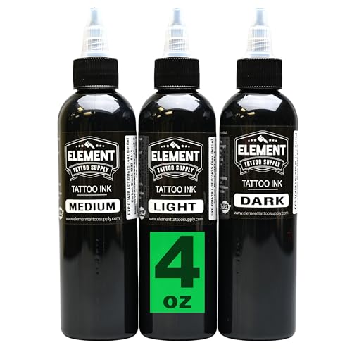 Element Tattoo Supply Greywash Tattoo Ink Set for Professional Tattooing Supplies – Light, Medium & Dark Solid Shades for Outlining, Shading & Blending for Artists – 4 oz Bottle (3 Pack)