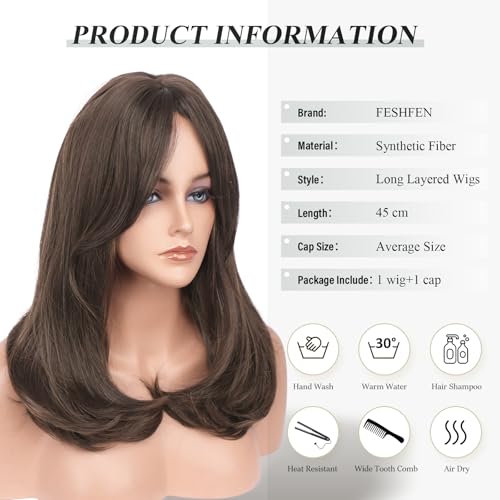 Image of FESHFEN Wigs with Bangs for Women, Synthetic Natural Looking Long Layered Straight Hair Wig for Women Daily Party Costume, 18 inch Brown with Highlights