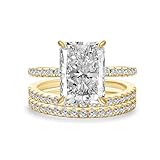 Effinny 4.0ct Radiant Cut Engagement Ring Set,Rectangle Crushed Ice D Color 14K Gold Plated 925 Sterling Silver Bridal Ring Set with Half Eternity Wedding Band (14K Gold Plated,3PCS, 8)