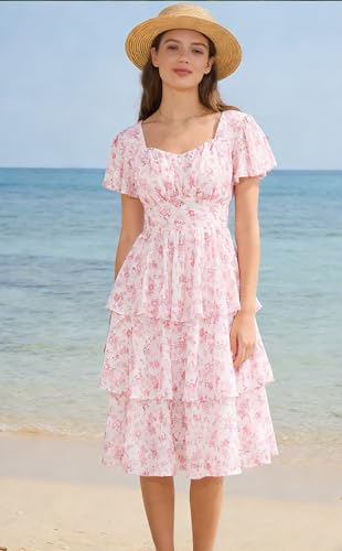Image of Belle Poque Women's Vintage Square Neck Dress 2026 Summer Short Sleeve Layered Tiered Ruffle A-line Swing Midi Dress