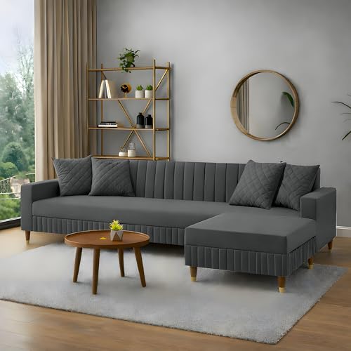 AMATA Omega Solid Wood 4 Seater L Shape Grey Suede Velvet Fabric ...