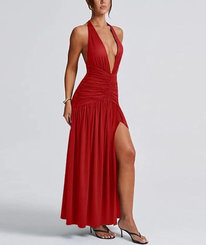 Image of Ekaliy Women's Sexy Halter Deep V Neck Maxi Dress Sleeveless Backless High Slit Ruched Long Dress Summer Party Cocktail Dress