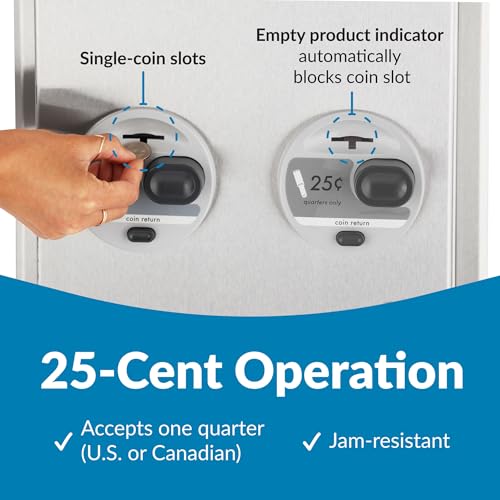 Image of Bobrick Recessed Napkin /Tampon Dispenser, 25 Cent Operation Dual Dispenser for Commercial Use Holds 20 Napkins & 30 Tampons Satin-Finish Stainless Steel Push-Button (Model B-3706 25)