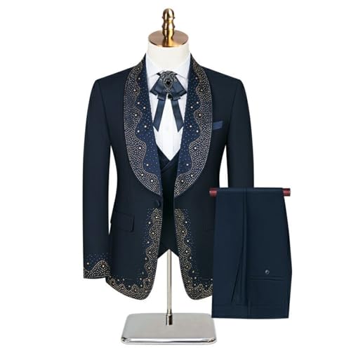 Mens Luxury 3 Pieces Suit with Rhinestone Slim Fit Shawl Lapel Blazer Jacket Vest Pants Set for Prom,Party,Dinner2