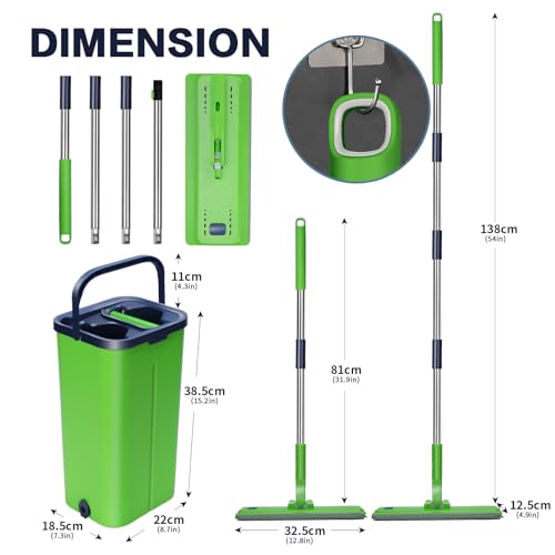 Masthome Wischmopp Set mit Eimer,138CM Wischmopp mit Auswringfunktion, Putzeimer mit Wischmop aus Edelstahl Griff und 5 Mikrofaser Pads,Flacher Bodenwischer Set alle Arten von Böden-Grüner – Bild 5
