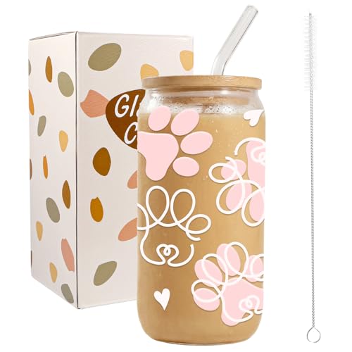 JEKUGOT Dog Paw Glass Cup, Aesthetic Iced Coffee Cup Gifts, 16 Oz Glass Cups with Lids and Straws, Cute Pink Dog Cups, Dogs Mom Gifts for Women Girls, Birthday, Sister, Friends