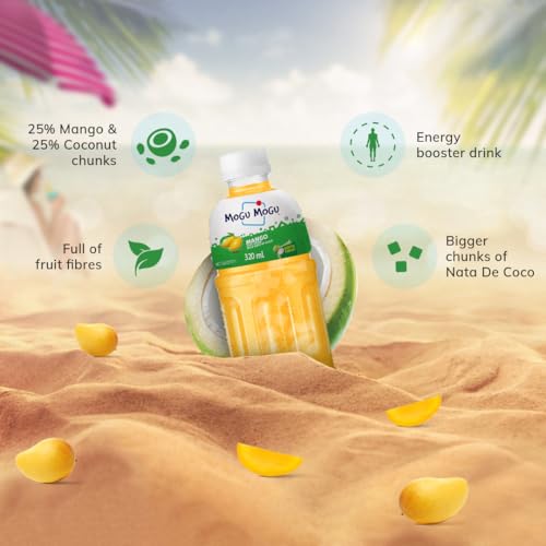 Mogu Mogu Strawberry & Mango Juice Drink with Nata de Coco Jelly 320ml (Pack of 6)| Refreshing Tropical Thai-Made Sip & Chew Beverage.