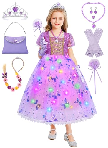Rapunzel G084XL Disfraz de princesa Rapunzel para niños, vestido de manga abombada, vestido festivo para carnaval, cumpleaños, con peluca, bolso de mano, corona, varita mágica