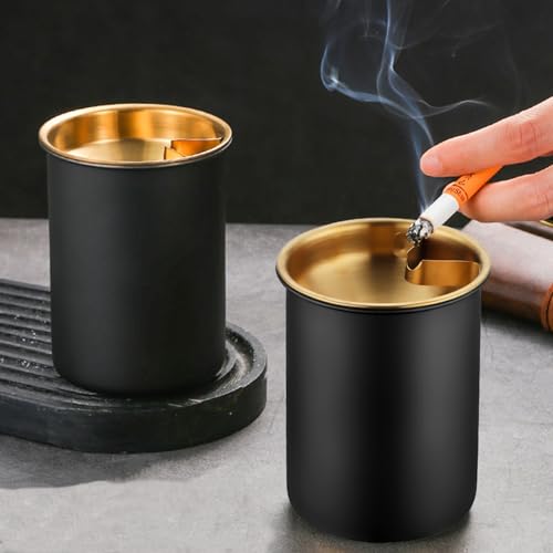 Image of Car Ashtray with Lid, Portable Smell Proof Ashtray for Car, Detachable Smokeless for Car Cup Holder Stainless Steel Windproof Extinguished Butt Bucket Ash Tray for Outdoor Travel Home Office (Black)