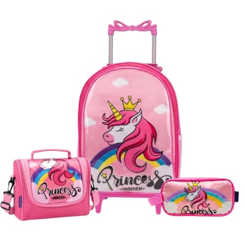 Kit Mochila de Rodinha Escolar Unicornio Princesa Infantil Feminino + Lancheira Transversal + Estojo Duplo Menina