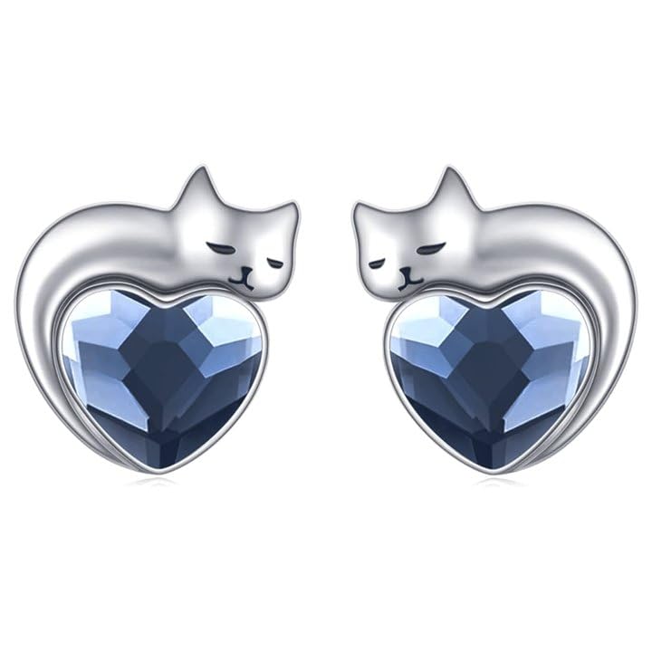 Dreamboat Sterling Silver Cat Birthstone Heart Stud Earrings for Women
