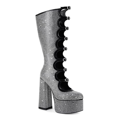 Frankie Hsu Bottes à talons hauts gothiques Lolita pour femme - Grande taille - En cuir verni - Noir, strass, 35 EU