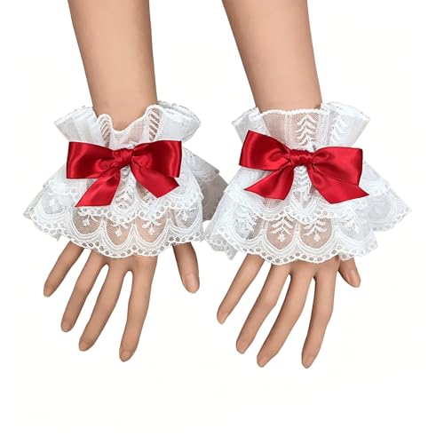 HONGCAUP White Lace Wrist Cuffs with Red Bow Lolita Ruffle Wrist Cuffs for Women Victorian Layered Lace Wrist Covers for Cosplay Tea Party Wedding