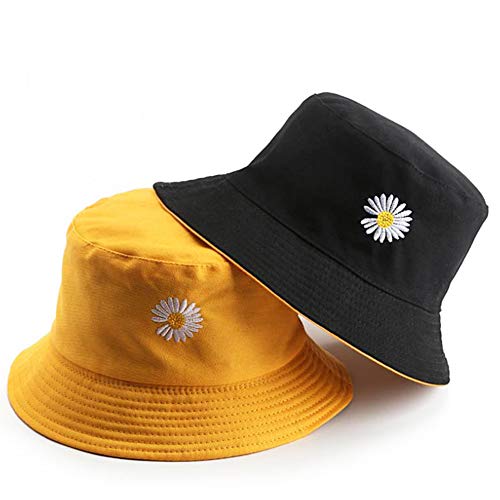 Sun Hat For Women Men Cotton Uv Protection Bucket Hat Summer Fishing Hunting Hiking Travel Cap Double-Sided Reversible Wide Brim Beach Hat Unisex Girls Packable Outdoor Daisy Hat(Black Yellow #TOP5