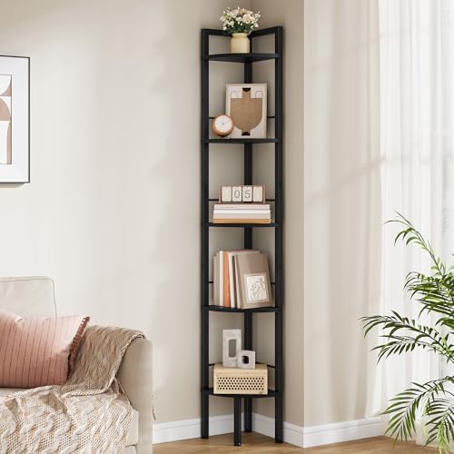 Small Corner Shelf Stand 5 Tier 60.5" with Metal Frame, Black | I...