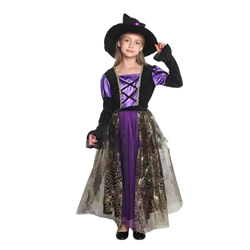 Blucielo Hexe Kostüm Kinder Königin Halloween Kostüm Mädchen Kleid Kinder Hexe Karneval Cosplay(130-140CM)