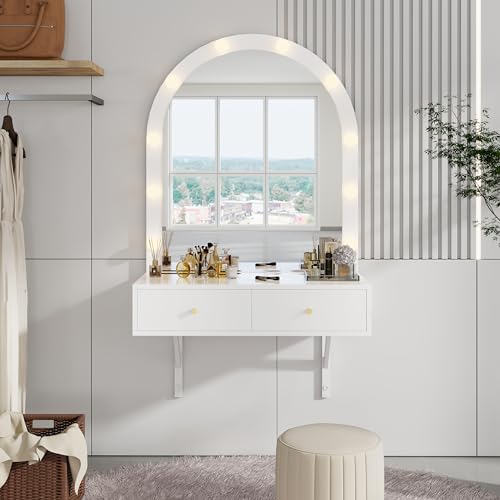 Merax Floating Makeup Vanity Desk with Mirror and 3-Color Lights, 31' Wall-Mounted Vanity Shelf with 2 Drawers and Power Outlet for Bedroom Hairdressers, Bear 66LBS (White)