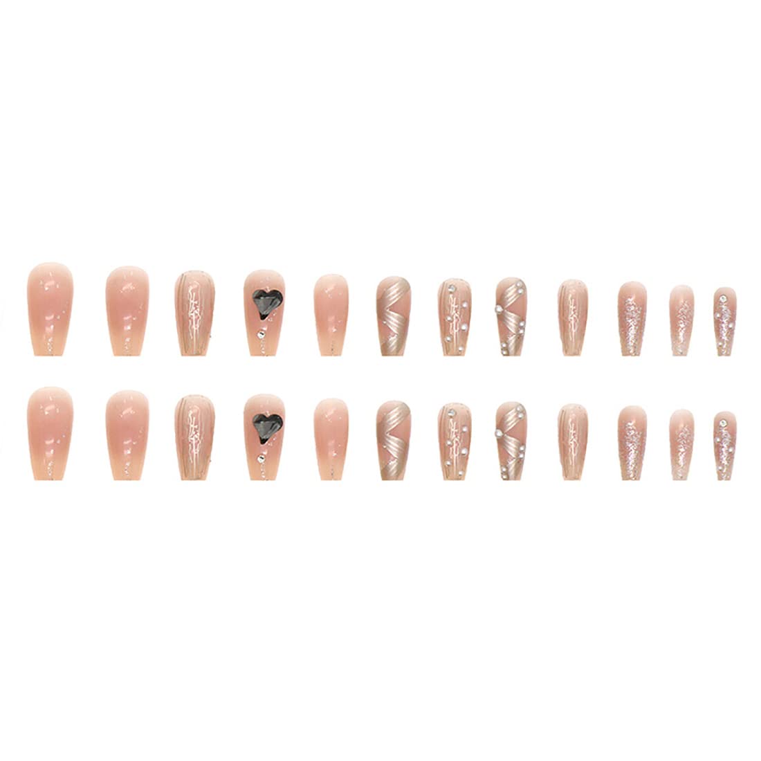 Cubahop 24pcs French Medium Crystal Fake Nails Nude Glossy Butterfly Flash Powder False Nails Rhinestone Love Press on Nails for Women and Girls (Nude 2) - Image 3
